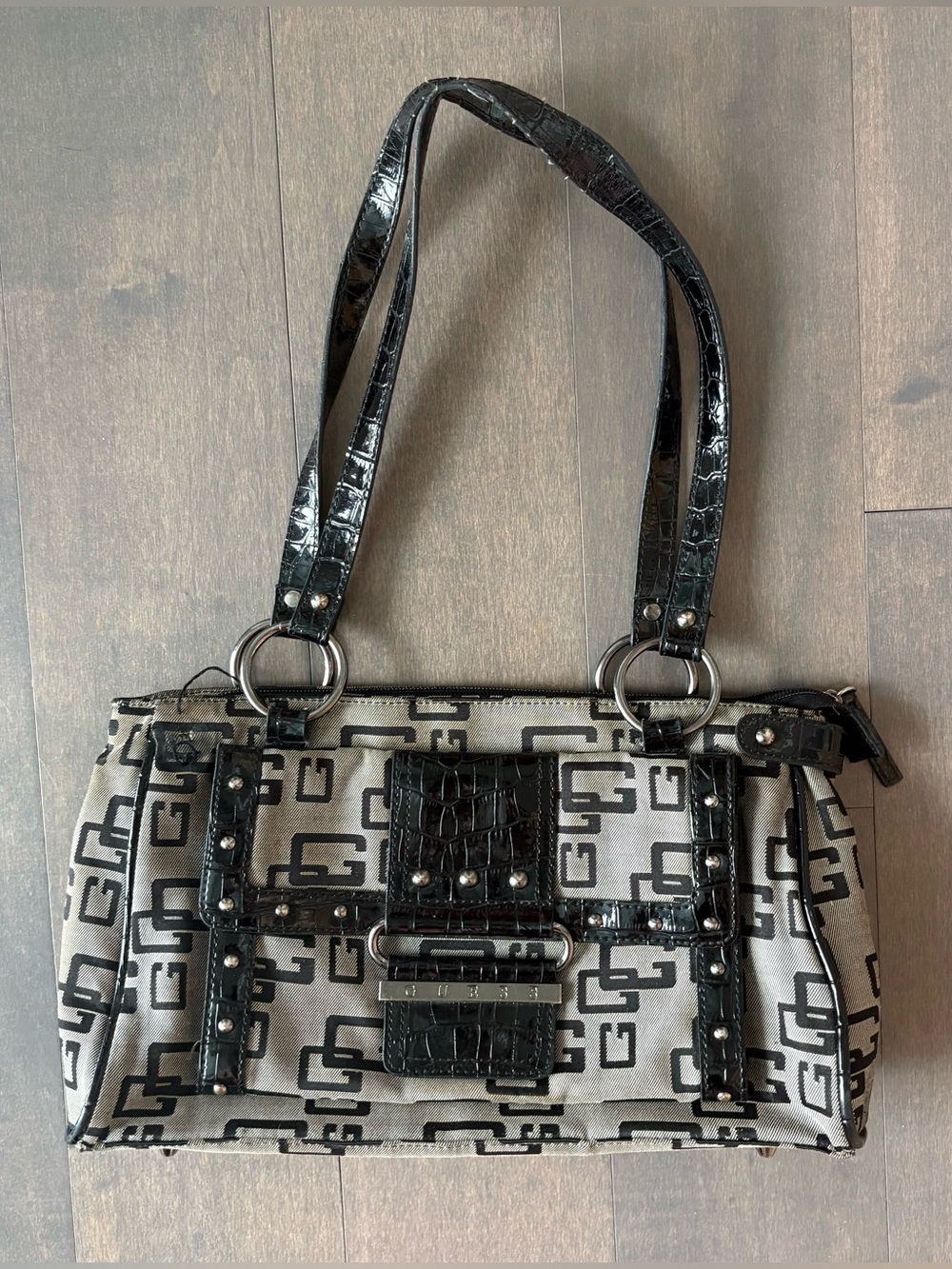 Black and Cream Guess Midi Shoulder Bag with Croc Trim